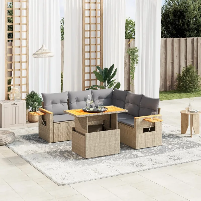 Muebles de jardín con cojines 6 piezas resina tejida beige