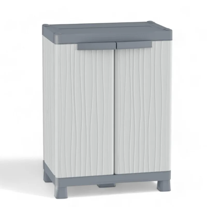 Armario bajo termoplástico gris con puertas y estantes ajustables impermeables para interior y exterior
