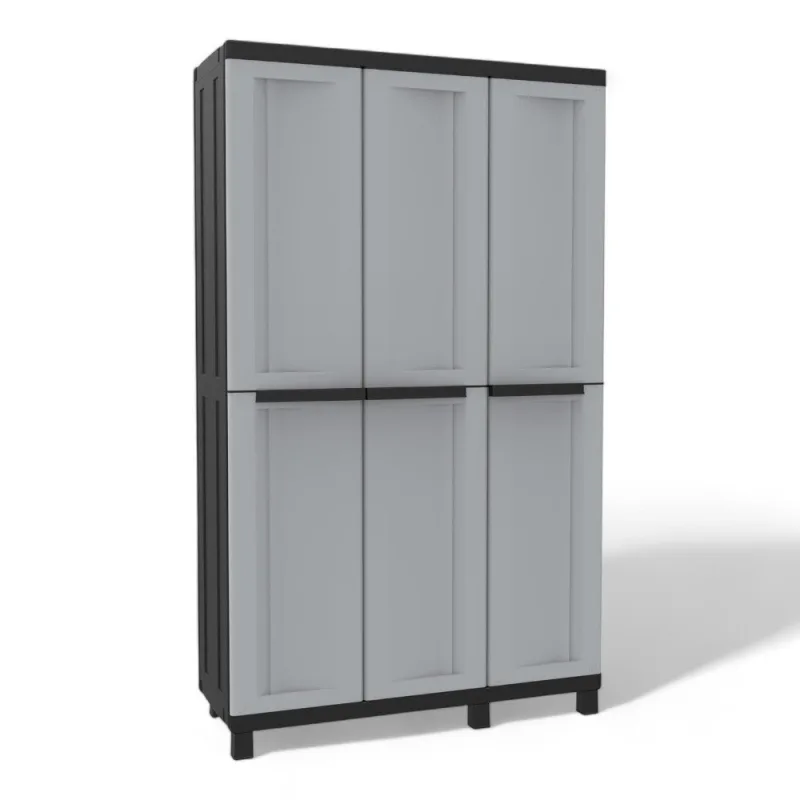 Escobero alto con estantes regulables y tres puertas con apertura de 180 grados de material termoplástico resistente a la lluvia