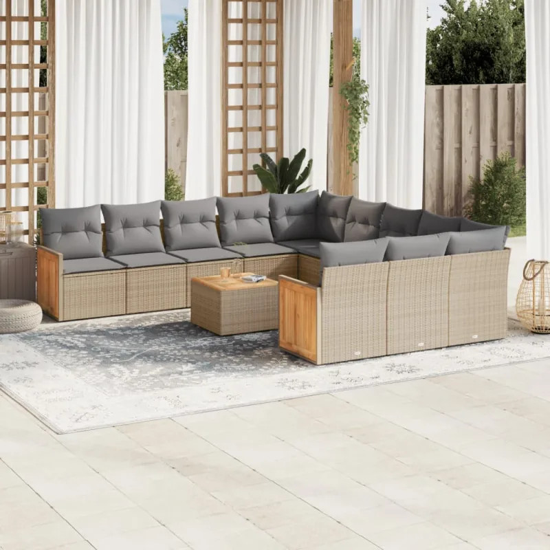 Muebles de jardín con cojines 12 piezas resina tejida beige