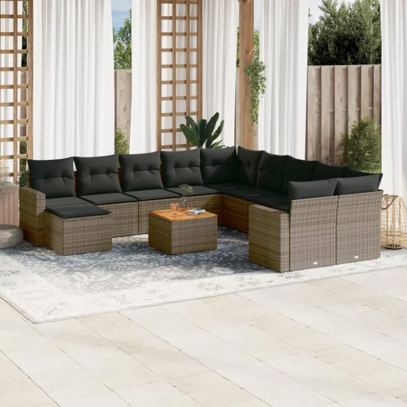 Muebles de jardín con cojines 12 piezas resina tejida gris.