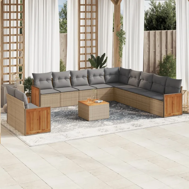 Muebles de jardín con cojines 12 piezas resina tejida beige