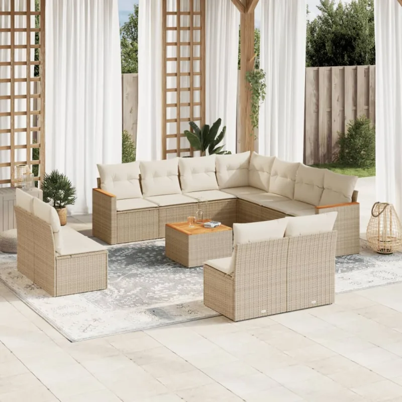 Muebles de jardín con cojines 12 piezas resina tejida beige
