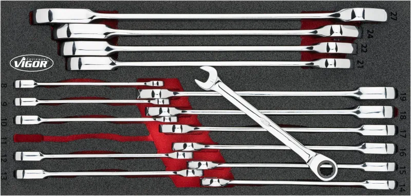 Vigor v4987 juego de llaves combinadas de carraca ∙perfil de hexágono exterior, perfil hexagonal doble exterior ∙ 8 – 27 ∙ número de herramientas: 16