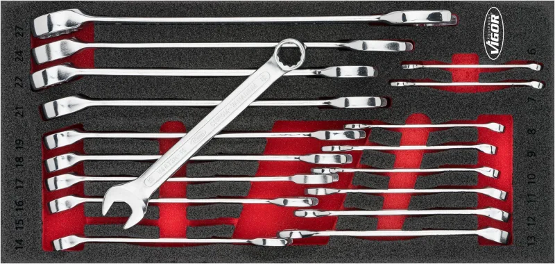 Vigor v6723 juego de llaves combinadas ∙perfil de hexágono exterior, perfil hexagonal doble exterior ∙ 6 – 27 ∙ número de herramientas: 18