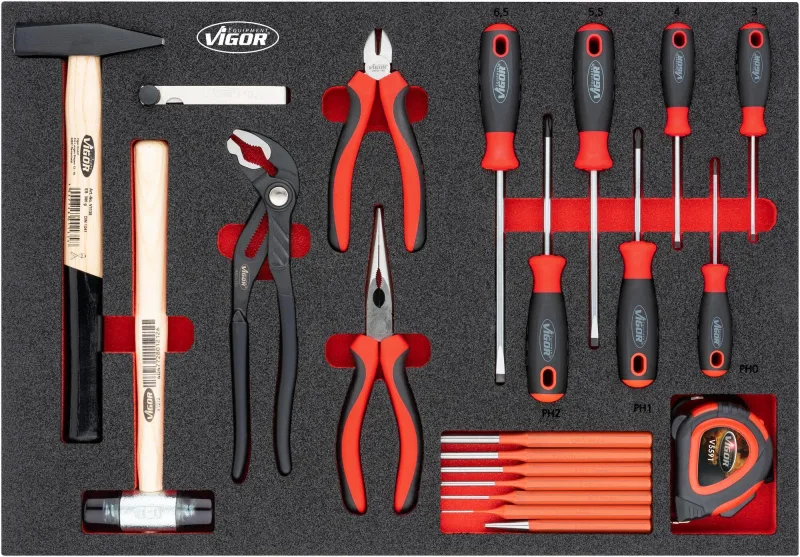 Vigor v5634n juego de martillos, alicates y destornilladores ∙563 mm x 393 mm x 35 mm