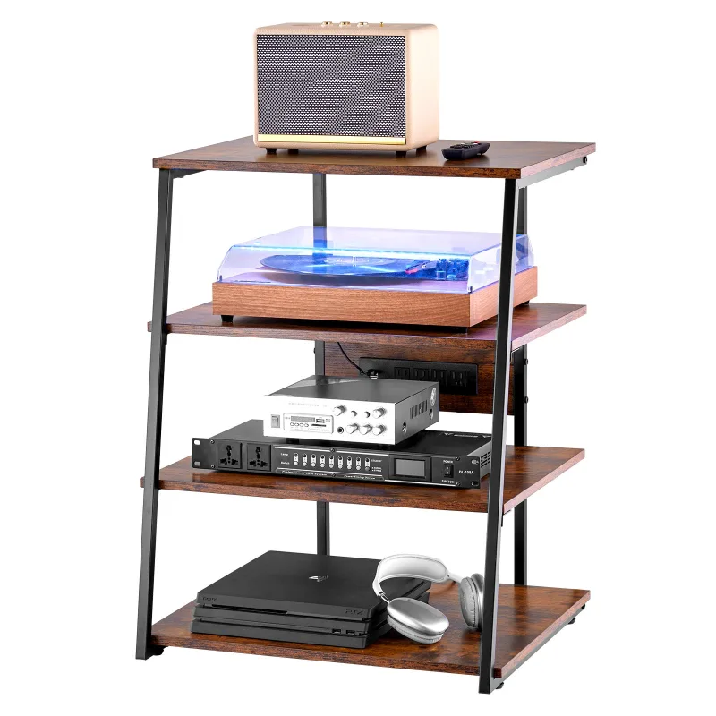 Soporte audiovisual de 4 niveles,vevor estante multimedia de madera con regleta y led,altura ajustable,para reproductor dvd/tv por cable/,marrón