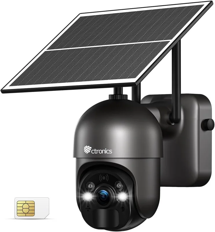 Ctronics cámara de vigilancia 4g lte - alimentación solar, visión nocturna en color y detección pir negro