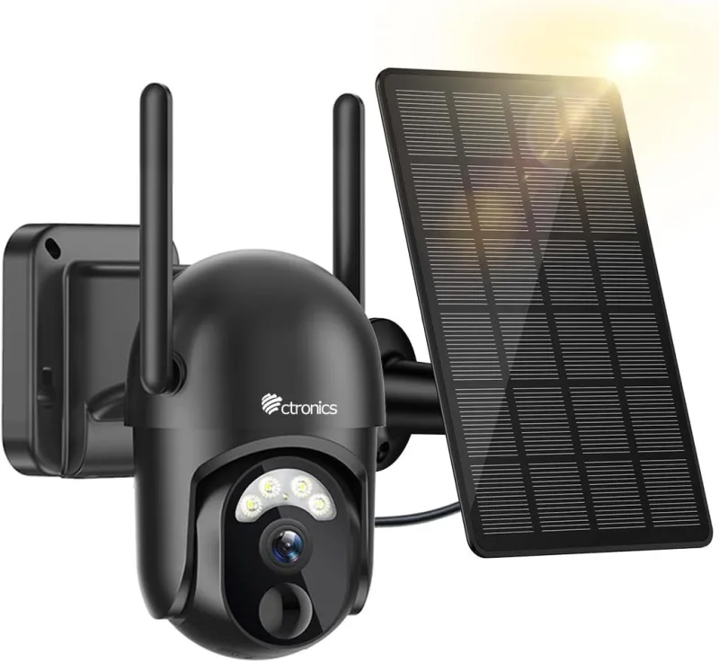 Ctronics cámara de vigilancia wifi exterior 2k solar con batería, visión nocturna a color, detección pir humana, audio bidireccional, ip66