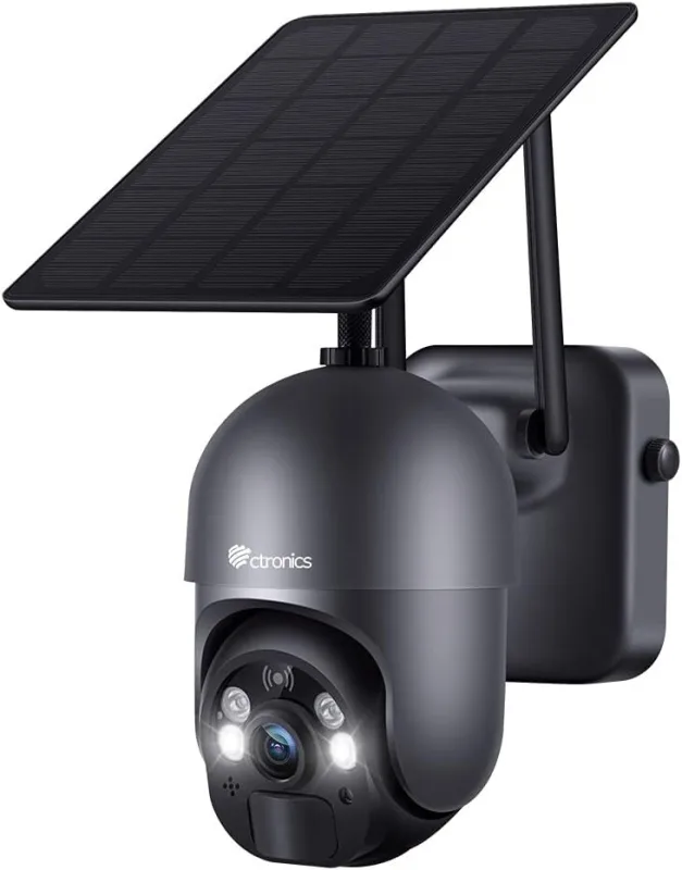 Ctronics cámara de vigilancia solar 2k wifi con detección pir, visión nocturna en color y audio bidireccional negro