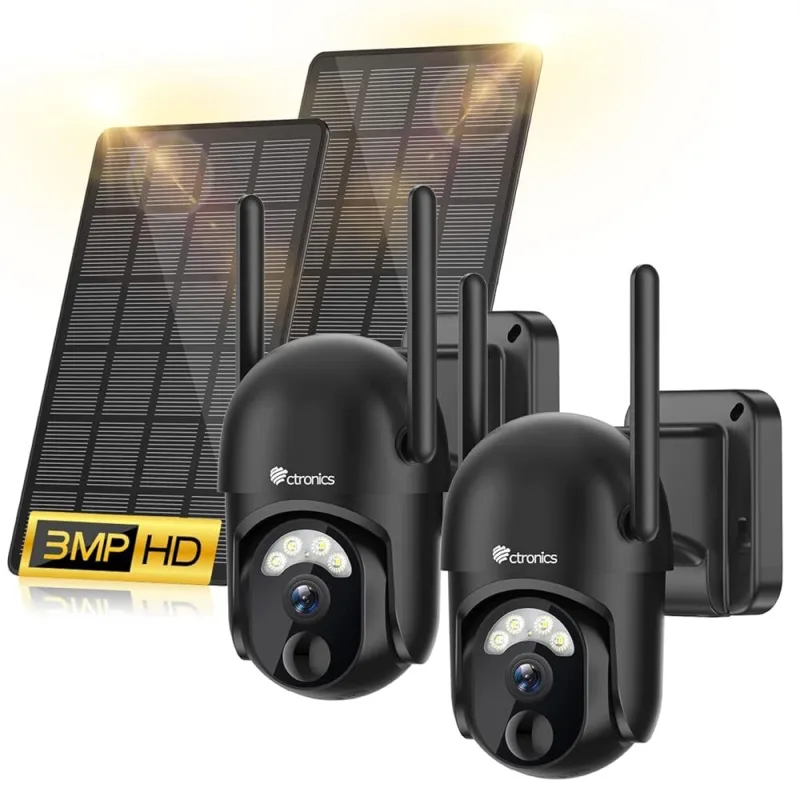Cámara de vigilancia 2k ctronics wifi exterior solar, 360° ptz, batería, visión nocturna a color, detección humana pir, audio bidireccional lote de 2
