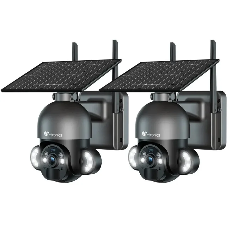 Cámara de vigilancia solar ctronics 2.5k 4mp - visión nocturna 30m, 100% inalámbrica, audio bidireccional, lote de 2