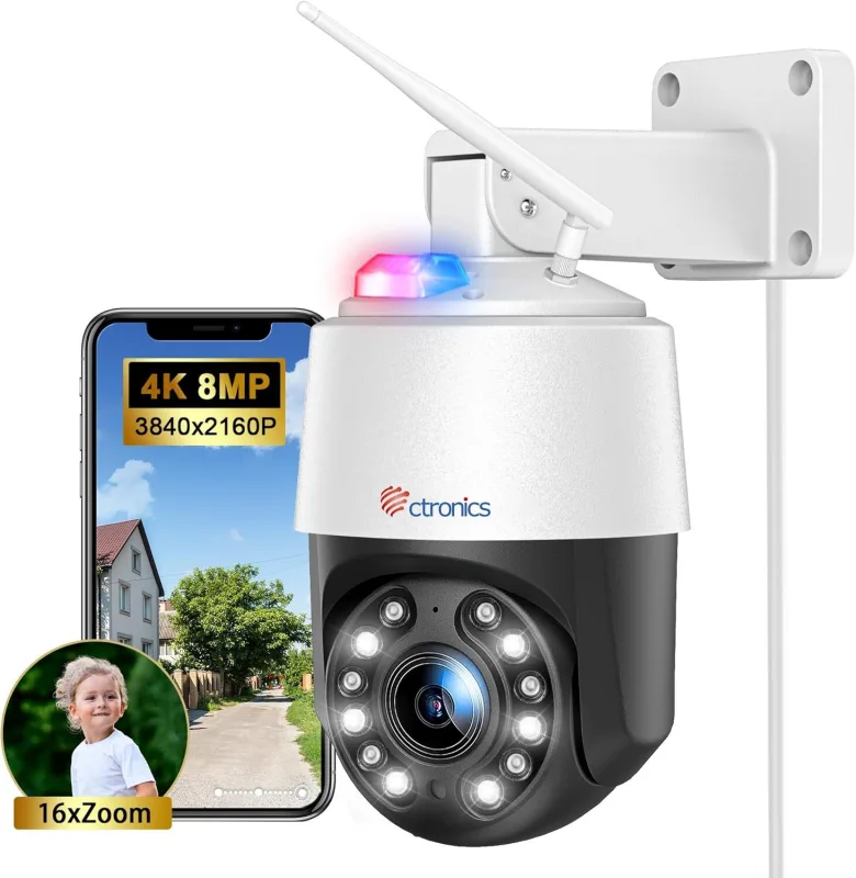Cámara de vigilancia ctronics 4k 8mp wifi , zoom óptico 16x, barrido automático, detección de humanos/vehículos/animales, visión nocturna 60m