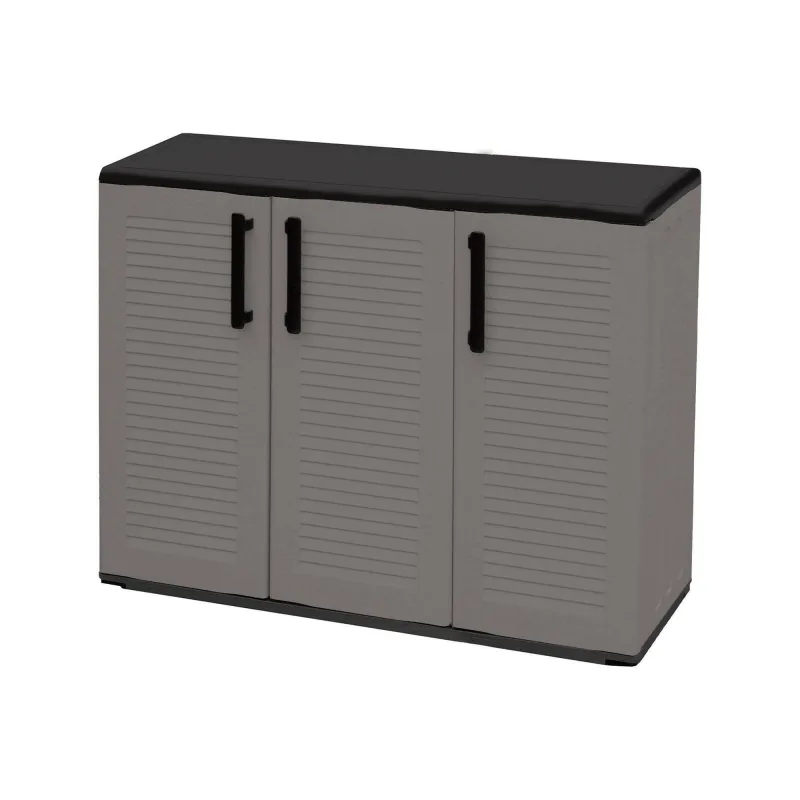 Armario exterior aranka, mueble balcón multiusos, mueble exterior 3 puertas, 100% made in italy, 102x37h84 cm, gris y negro, acabado rayas