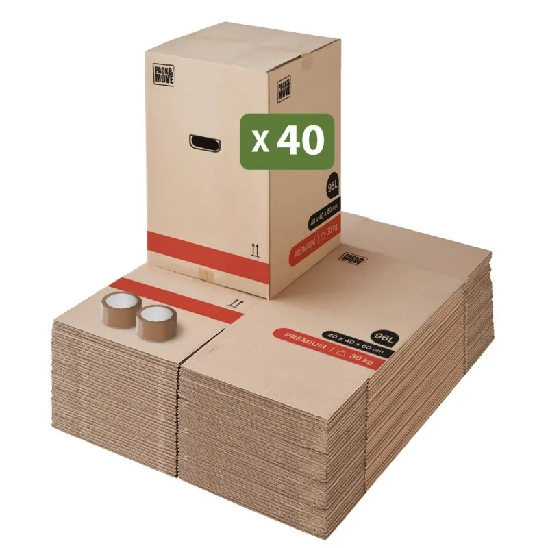 Pack and move - juego de 40 cajas premium para mudanza - 40 x 40 x 60 cm - resistentes 30 kg - reutilizables - doble grosor - 2 adhesivos gratis