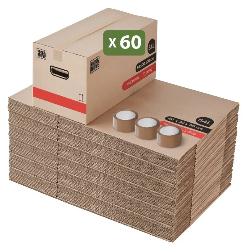 Pack and move - juego de 60 cajas de mudanza premium - 60 x 30 x 30 cm - extremadamente resistentes 30 kg - doble grosor - 3 adhesivo gratis