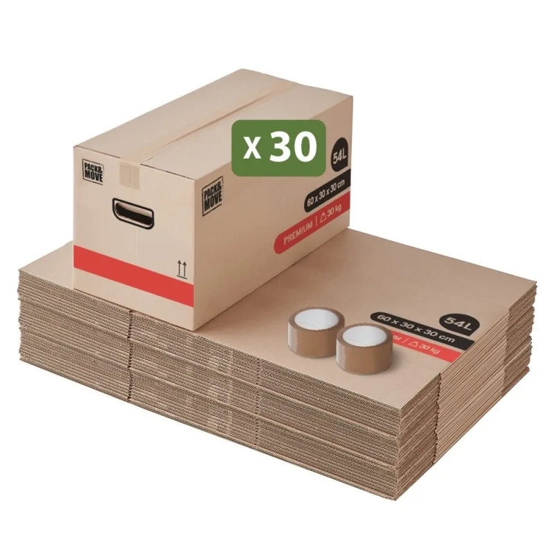 Pack and move - juego de 30 cajas de mudanza premium - 60 x 30 x 30 cm - extremadamente resistentes 30 kg - doble grosor - 2 adhesivo gratis