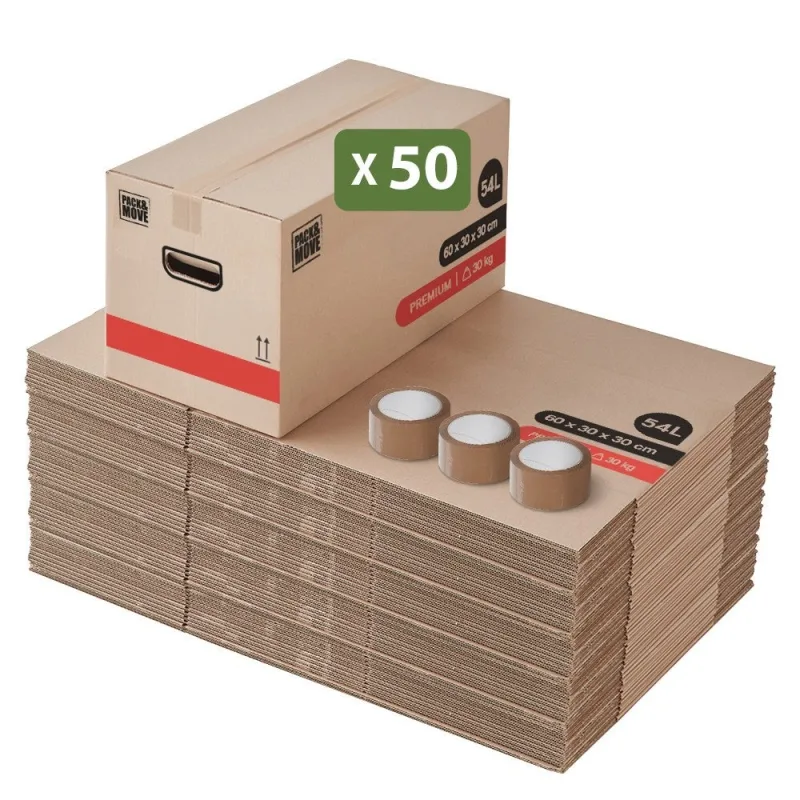 Pack and move - juego de 50 cajas de mudanza premium - 60 x 30 x 30 cm - extremadamente resistentes 30 kg - doble grosor - 3 adhesivo gratis