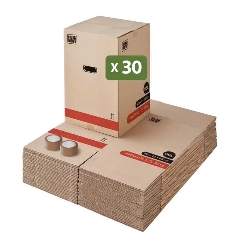Pack and move - juego de 30 cajas de mudanza premium - 40 x 40 x 60 cm - resistentes hasta 30 kg - reutilizables - doble grosor - incluye 2 adhesivos