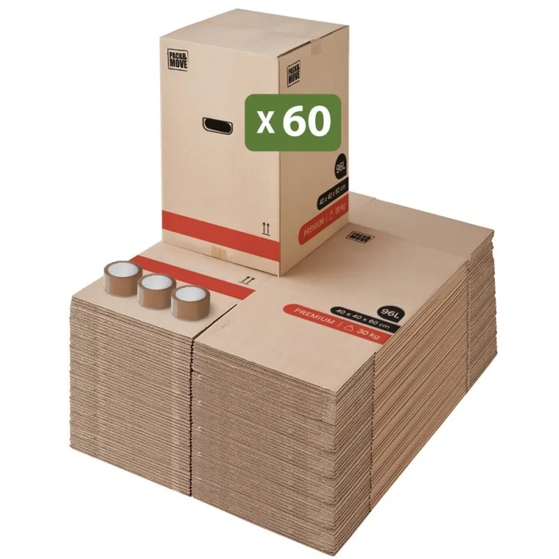 Pack and move - juego de 60 cajas premium para mudanza - 40 x 40 x 60 cm - resistentes 30 kg - reutilizables - doble grosor - 3 adhesivos gratis