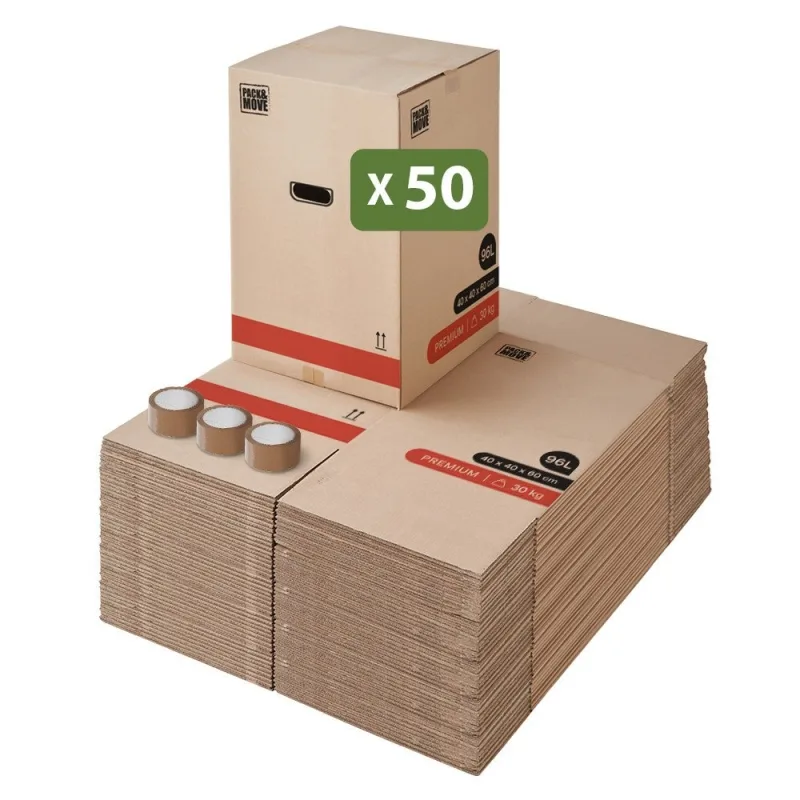 Pack and move - pack de 50 cajas premium para mudanza - 40 x 40 x 60 cm - resistentes 30 kg - reutilizables - doble grosor - 3 adhesivos gratis