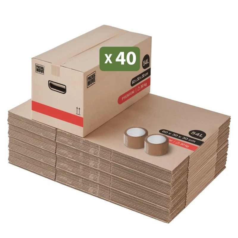 Pack and move - juego de 40 cajas de mudanza premium - 60 x 30 x 30 cm - extremadamente resistentes 30 kg - doble grosor - 2 adhesivo gratis
