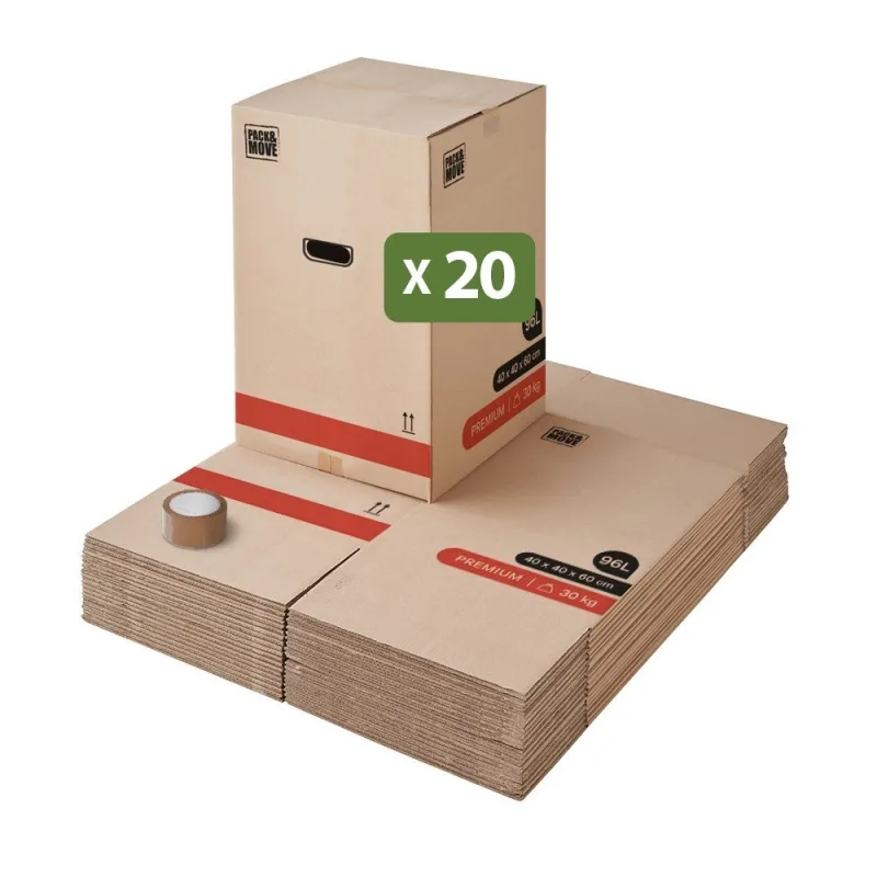 Pack and move - set de 20 cajas de mudanza premium - 40 x 40 x 60 cm - resistentes 30 kg - reutilizables - doble grosor - 1 adhesivo gratis