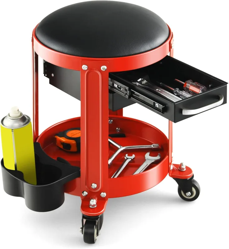 Taburete de taller redondo con cojín extraíble,bandeja para herramientas,2 cajones y soporte para latas dobles,taburete con 4 ruedas universales