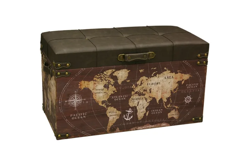 Baúl mullido mediano con diseño de mapa antiguo, ideal para almacenaje y decoración (62×30×30)