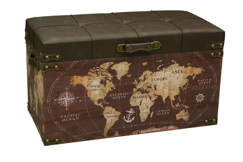 Baúl mullido grande con diseño de mapa antiguo, ideal para almacenaje y decoración (78×40×50)