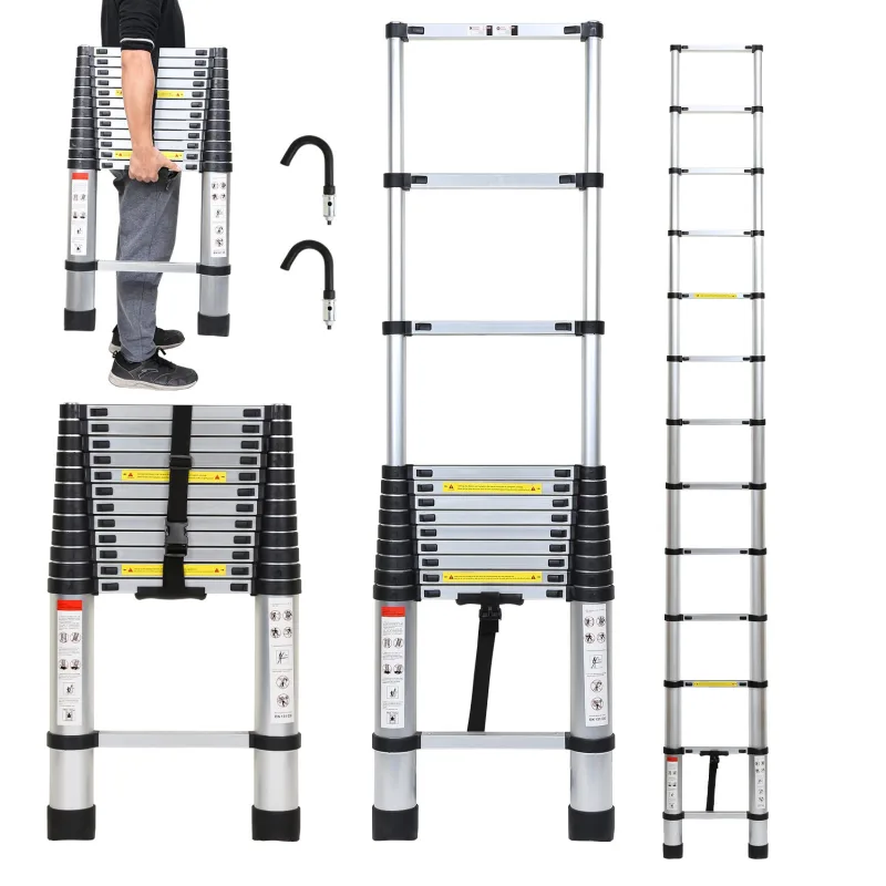 Escalera telescópica 3,8 m plateada + gancho de escalera de aluminio escalera deslizante antideslizante escalera extensible extensible