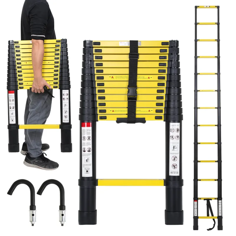 Escalera telescópica de 3,8 m, color negro + escalera de techo con gancho, escalera extensible de aluminio antideslizante, escalera extensible