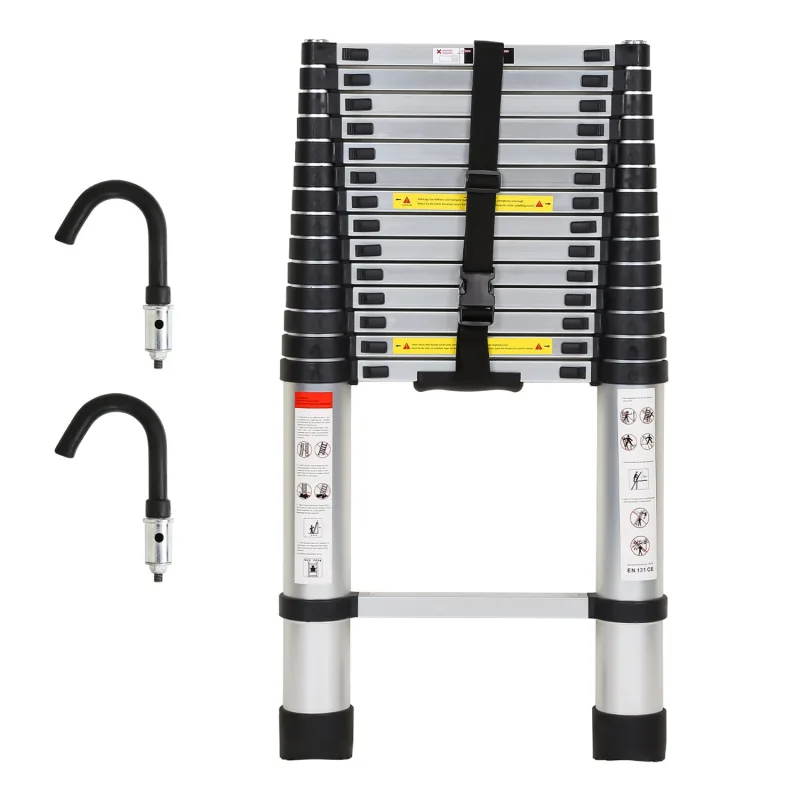 Escalera telescópica 4,4 m plateada + gancho escalera de techo escalera extensible de aluminio antideslizante escalera extensible