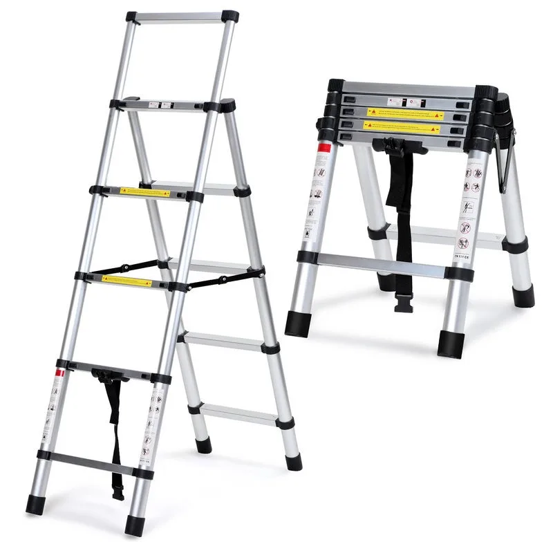 Escalera telescópica 1,7 m + 2,0 m escalera de techo plateada escalera extensible de aluminio antideslizante escalera extensible