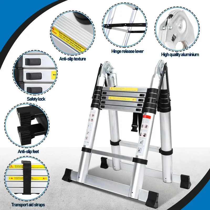 Escalera telescópica de 1,9 m+1,9 m escalera de techo plateada escalera de extensión de aluminio antideslizante escalera de extensión extensible
