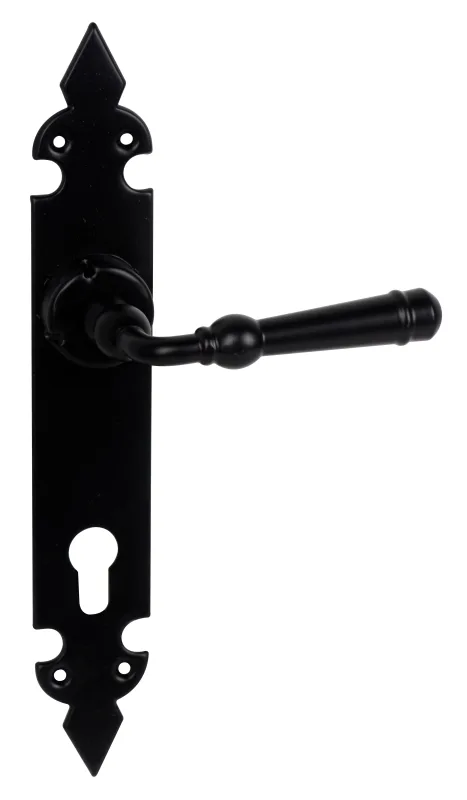 Juego de manillas con placa de puerta utrera color negro con bocallave a 90 mm