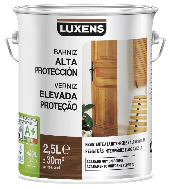Barniz de madera de exterior color roble para ventana, puerta, persiana, mobiliario luxens brillante 2.5l base agua