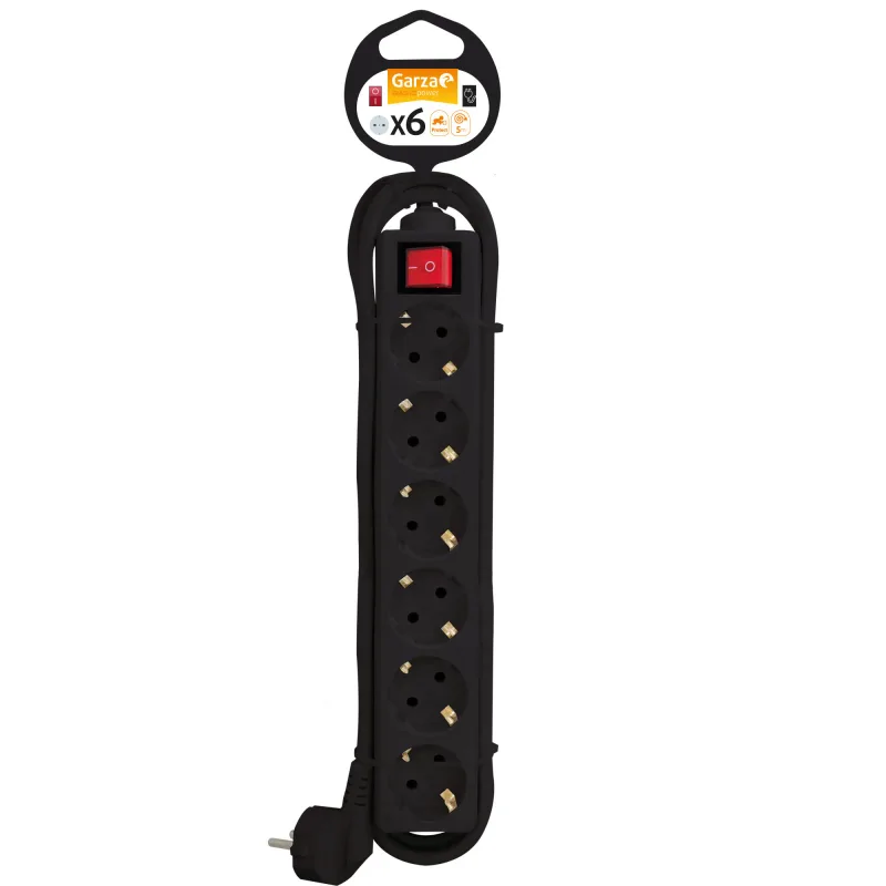 Base múltiple de 6 enchufes negra garza con interruptor 5 mt