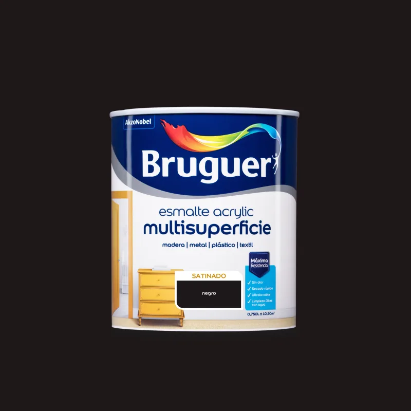 Esmalte de interior acrylic bruguer color negro satinado 750ml para puertas, muebles y cerámica