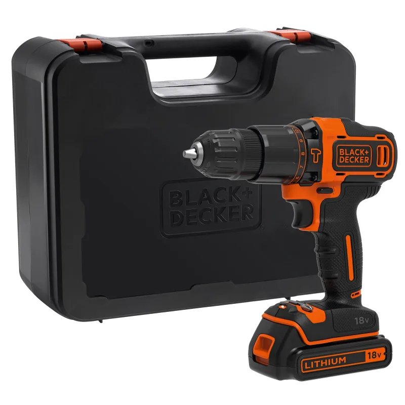 Black + decker taladro percutor sin cable 18v + batería litio 1,5ah + cargador + maletín de transporte