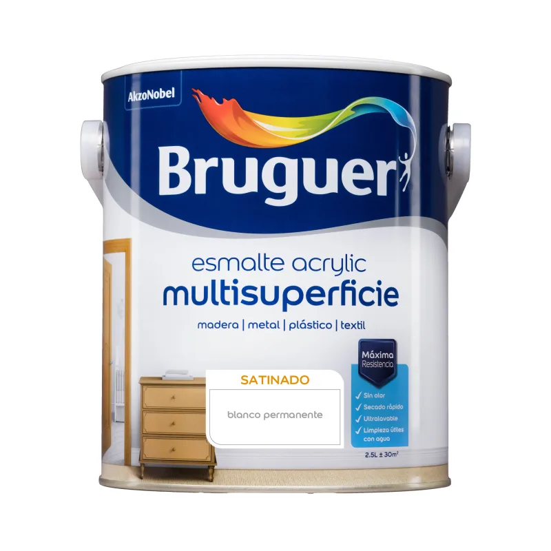 Esmalte de interior acrylic bruguer color blanco satinado 2.5l para puertas, ventanas y muebles
