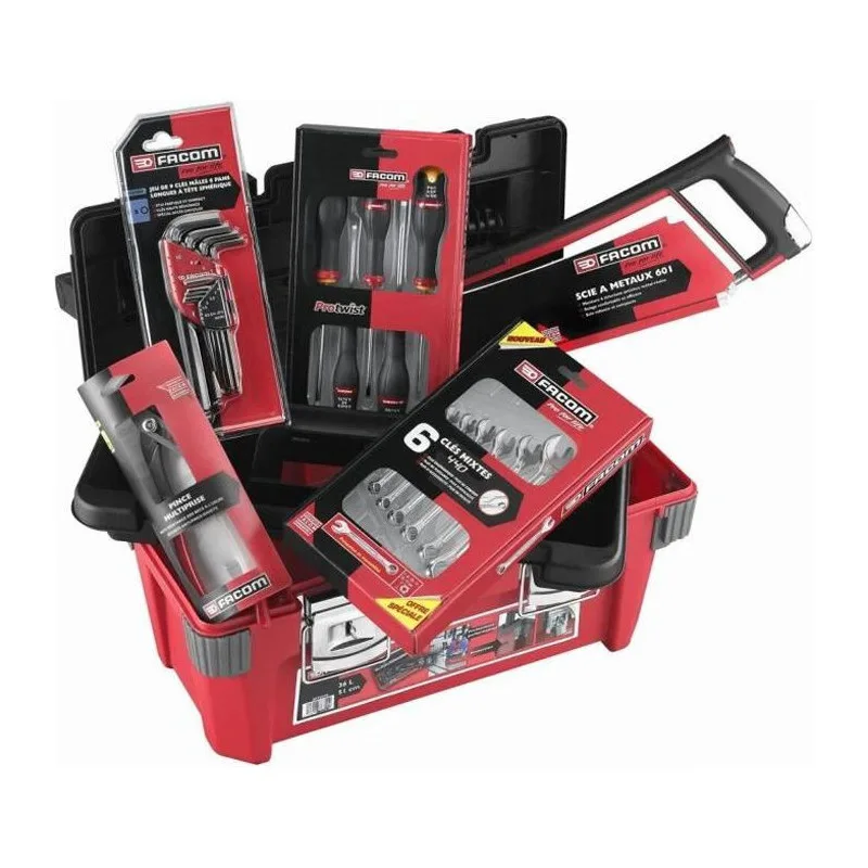 Caisse a outils facom + 22 outils - 5 tournevis protwist + 6 clés mixtes ovg + 9 clés mâles + scie métaux + pince - bp.p20acm1pb
