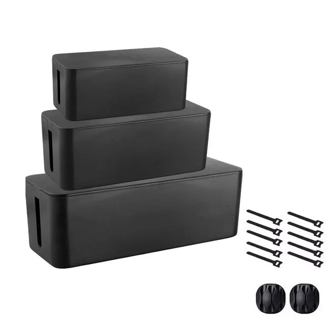 Caja organizadora de cables, paquete de 3, resistente a niños y mascotas, color negro