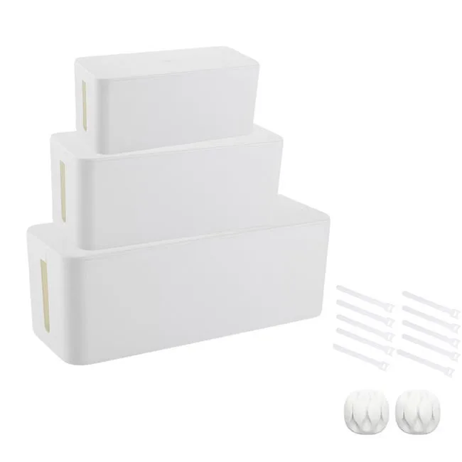 Caja organizadora de cables, paquete de 3, soporte para cables, resistente a niños y mascotas, color blanco