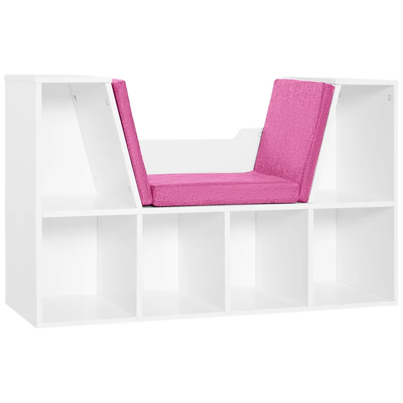 Librería con asiento estantería de libros con 6 cubos cojín para sala de estar dormitorio 102x30x61cm blanco y rosa
