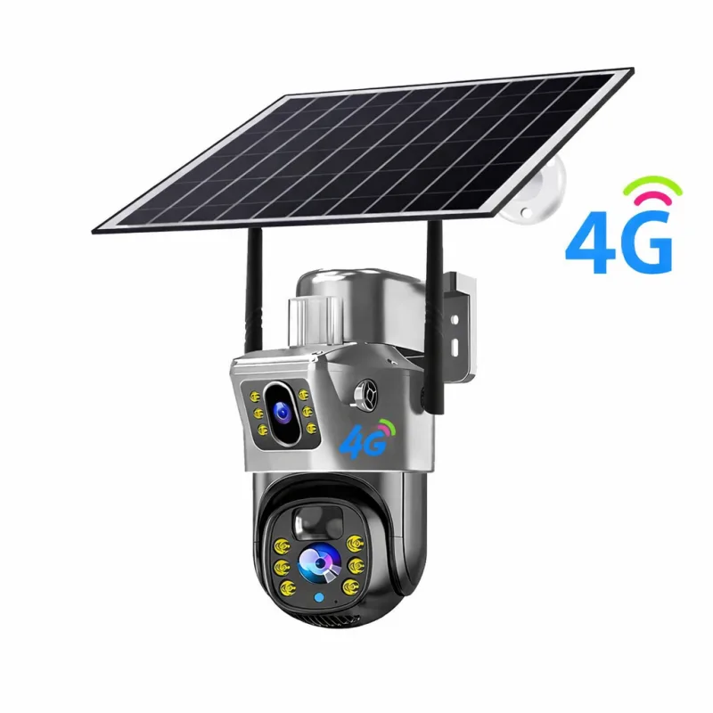 Cámara de vigilancia exterior 4g solar ptz con doble lente, visión nocturna, detección de movimiento, audio bidireccional, ip66