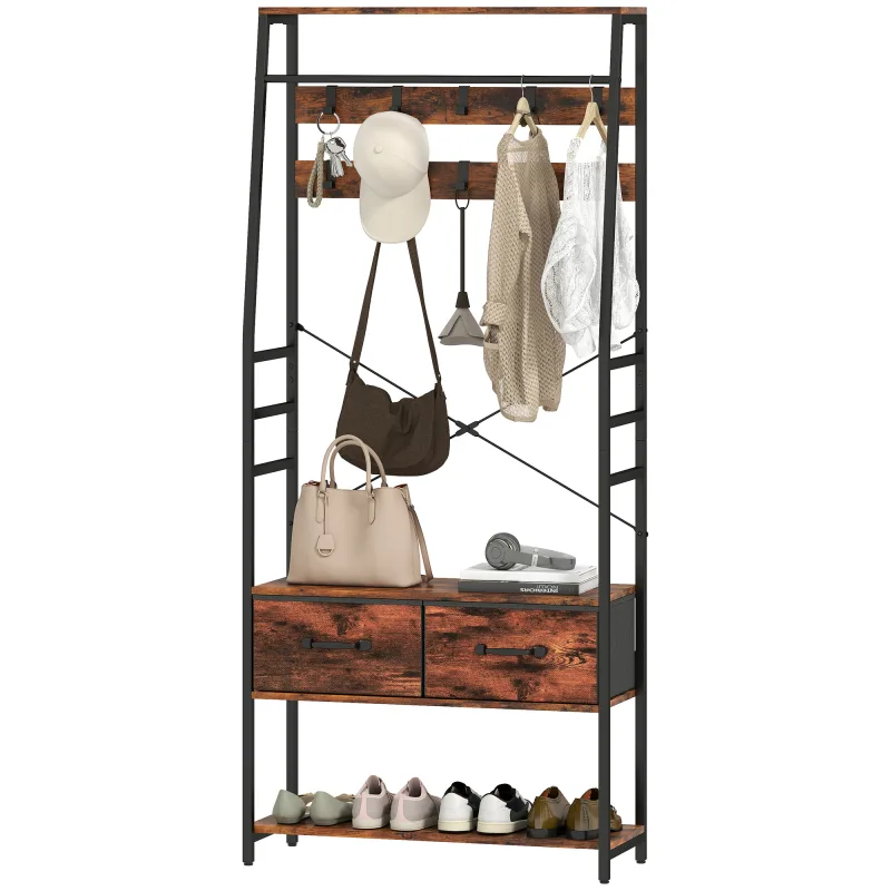 Zapatero, perchero con banco, 10 ganchos, 2 cajones de tela, barra para ropa, color marrón.