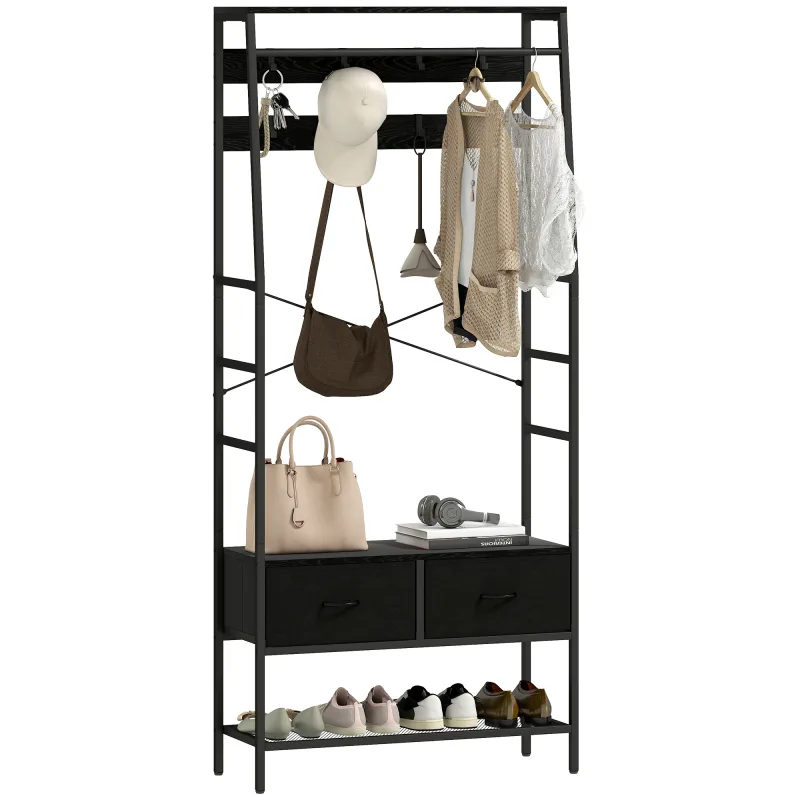 Perchero con zapatero, estilo industrial, 2 cajones de tela, 8 ganchos, estructura de metal, color negro