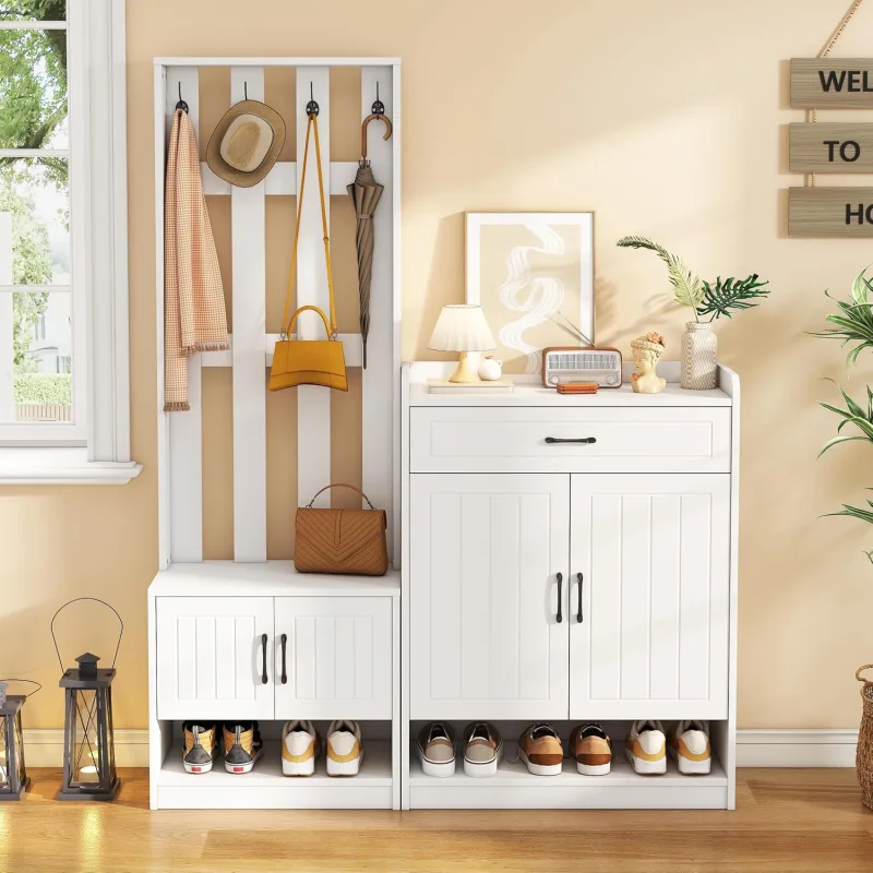 Conjunto de perchero blanco con 4 ganchos, 2 zapateros con puertas, 141 x 30,5 x 180 cm