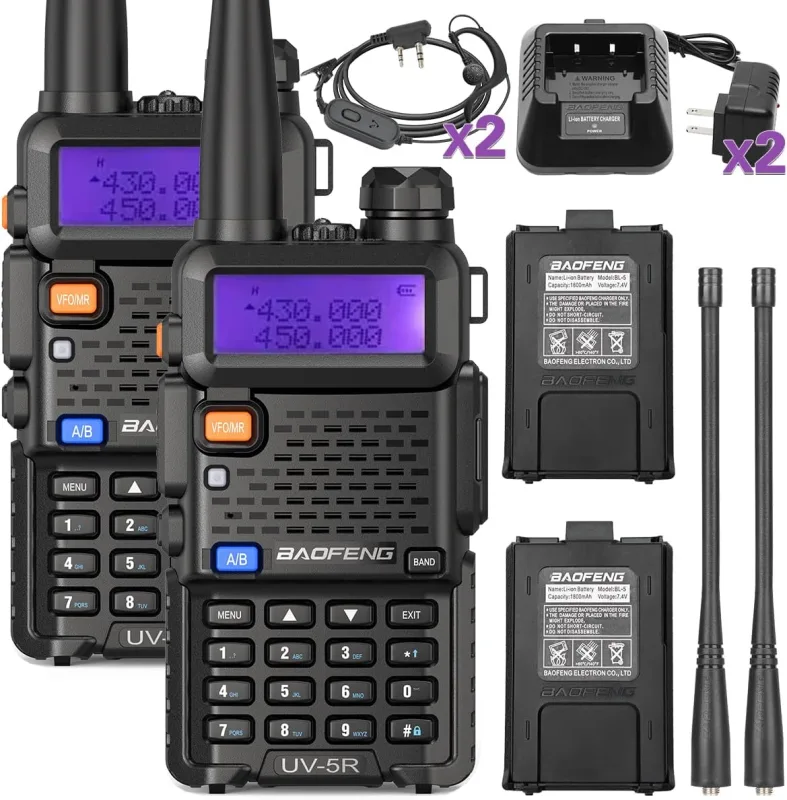 2pcs 5w talkie-walkie profesional uv-5r 65 mhz ~ 108 mhz bi-banda vhf/uhf, 128 canales pantalla led radio fm alimentación para obra aventura